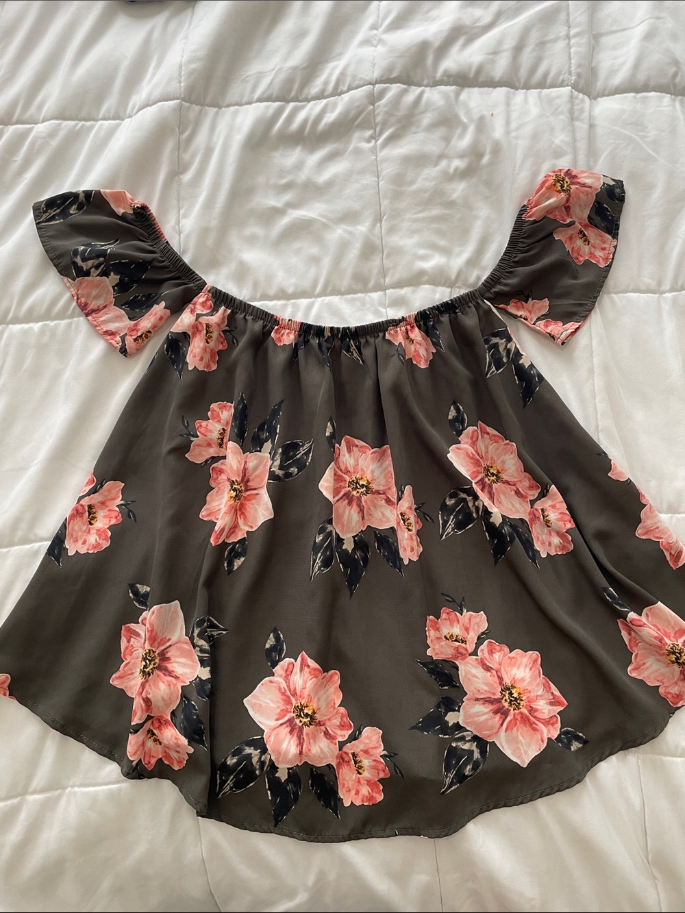 Vine & Love Olive Off-Shoulder Tunic with Pink Floral Print